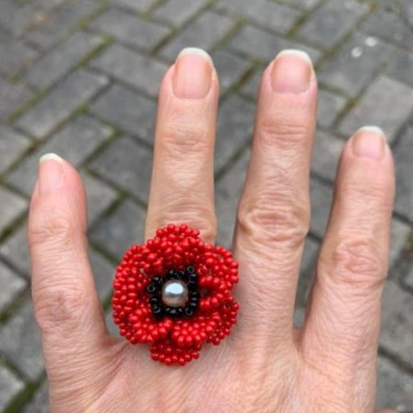 🌷3 for$20🌷Handmade, Red & Black 5 Petal Flower Ring, Fits Up To Ring Size 8 - Picture 2 of 8